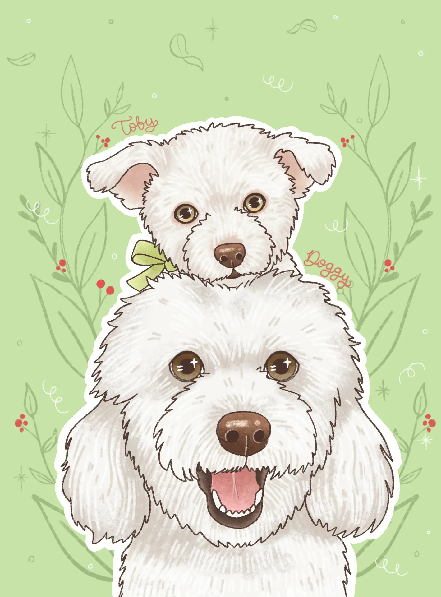 Ilustración de Toby y Doggy, dos perritos blancos, sobre fondo verde