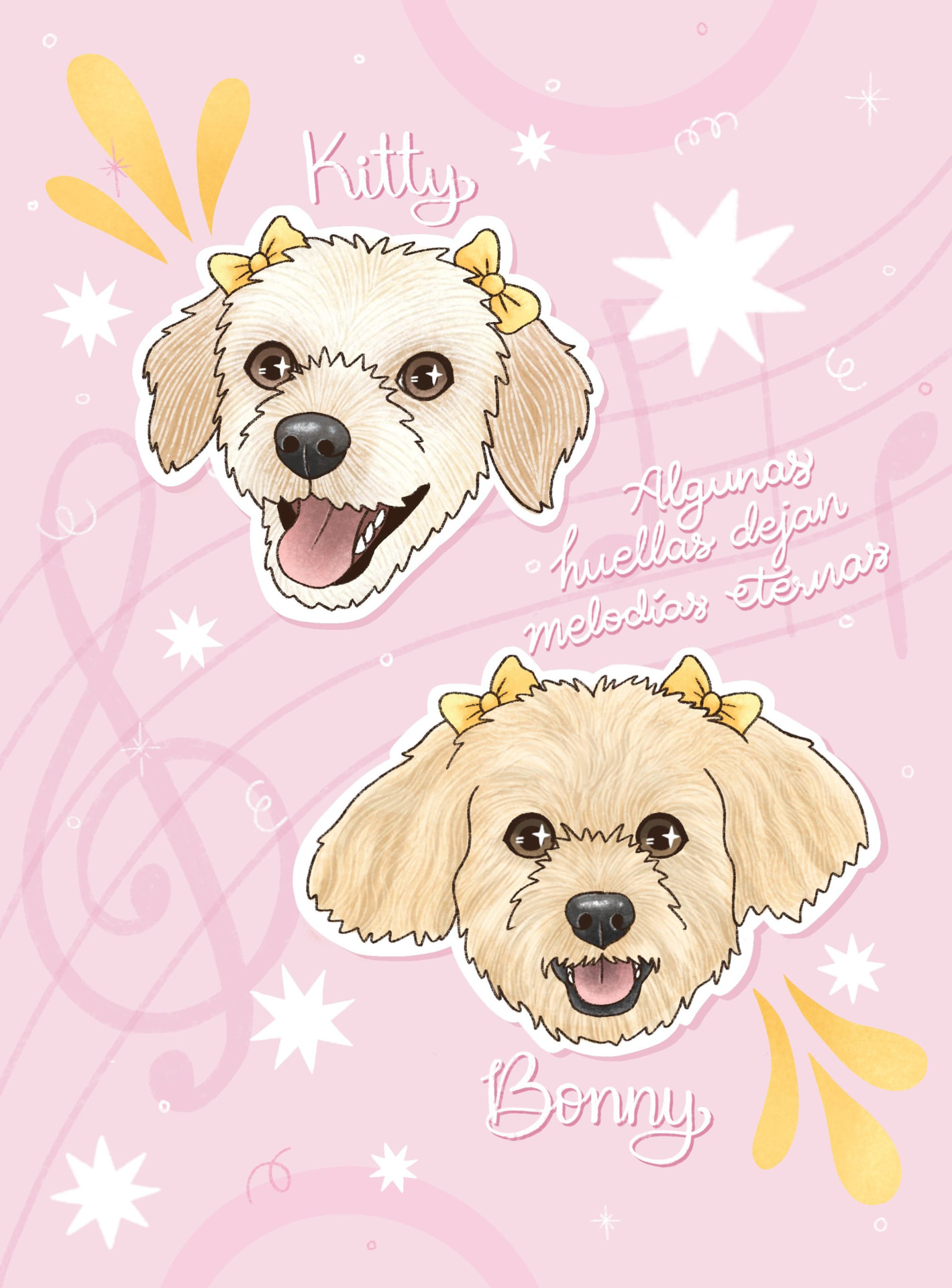 Ilustración de Kitty y Bonny sobre fondo rosa