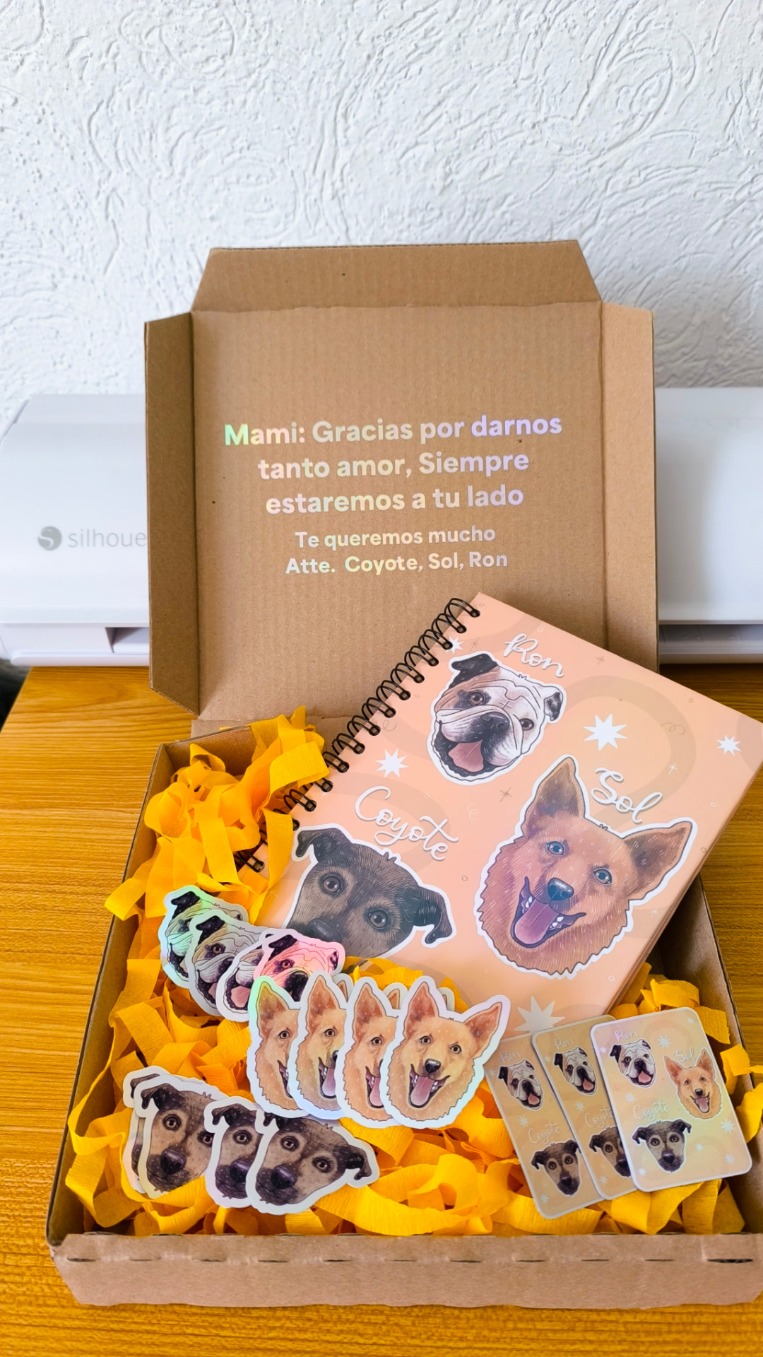 Caja de regalo con libreta y stickers de Ron, Sol y Coyote