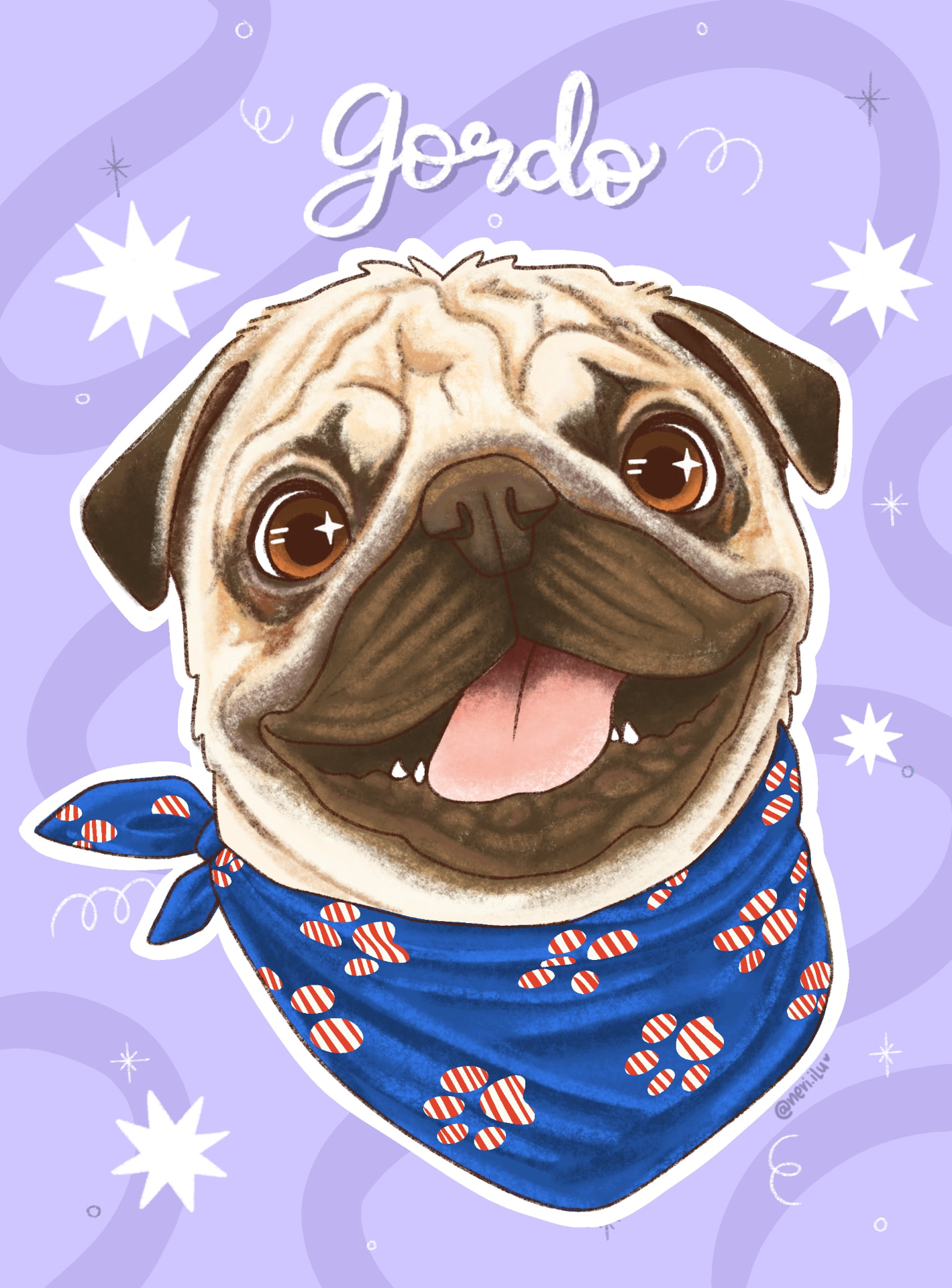 Ilustración de pug con bandana azul