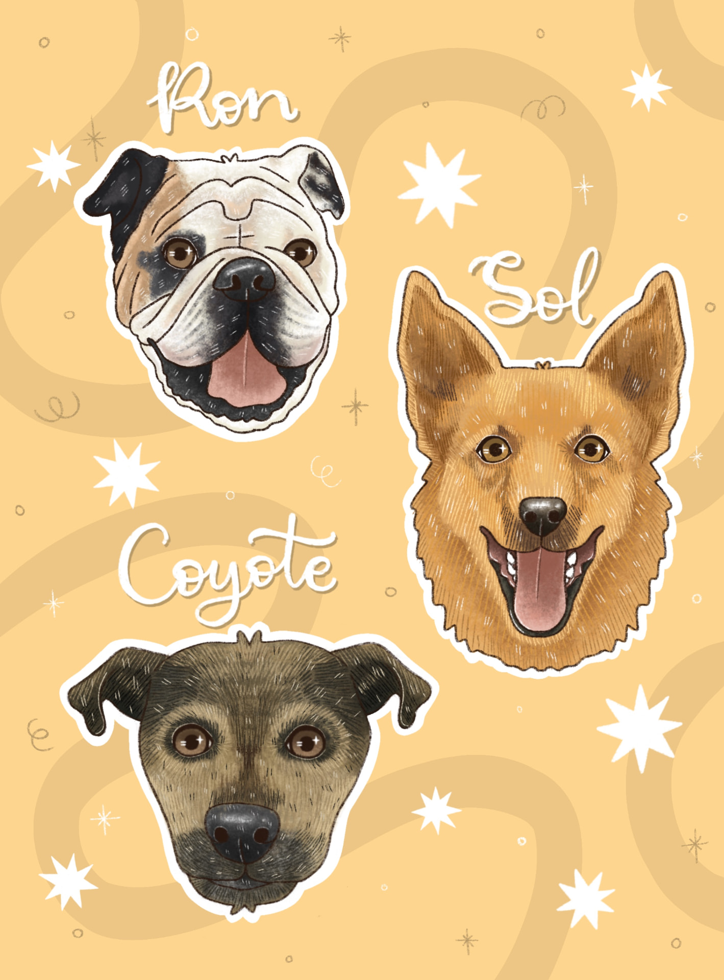Ilustración de Ron, Sol y Coyote sobre fondo amarillo