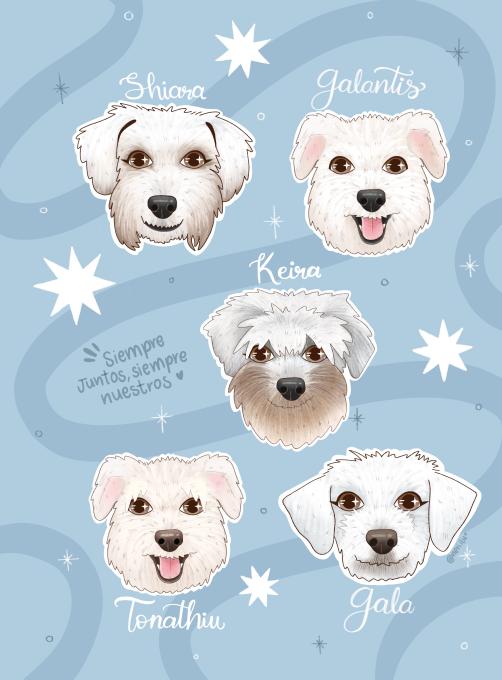 Ilustración de cinco perritos: Shiara, Galantis, Keira, Tonathiu y Gala, sobre fondo azul