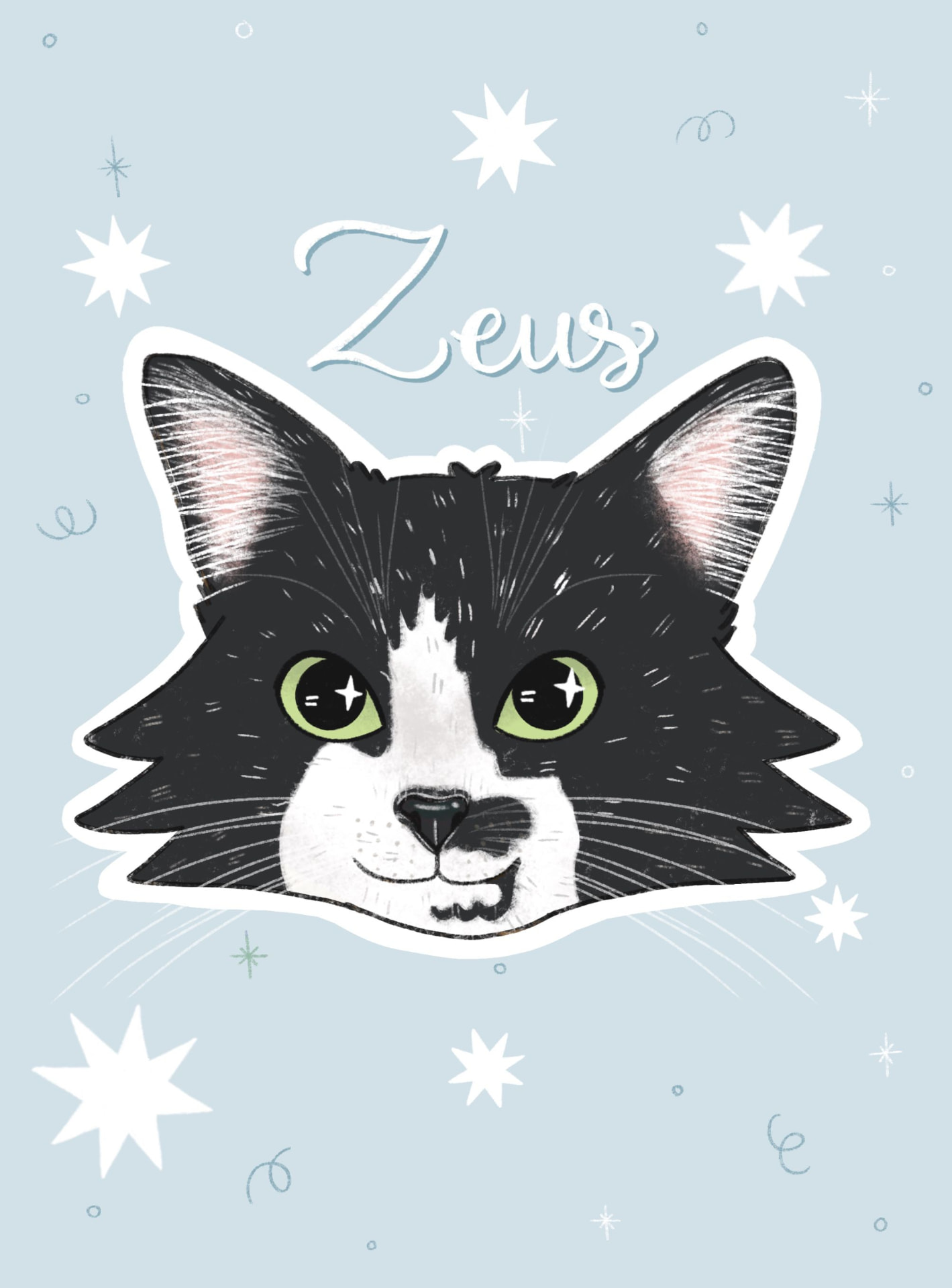 Ilustración de Zeus, gato negro y blanco
